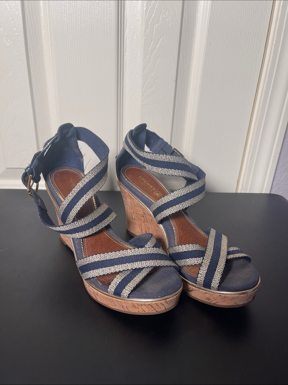 Sperry Navy and Cream Striped Cork Wedge Sandals